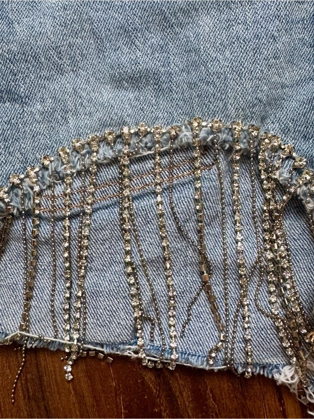 Good American Light Blue Denim Shorts with Crystal Fringe, Size 26
